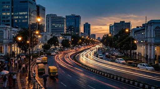 Dusk cityscape with flowing light streaks on an urban boulevard